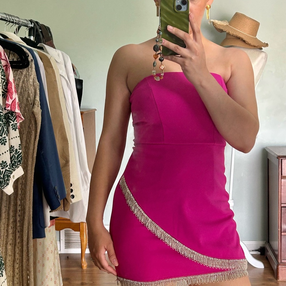 Elegant Pink Strapless Dress with Rhinestone fringe Trim